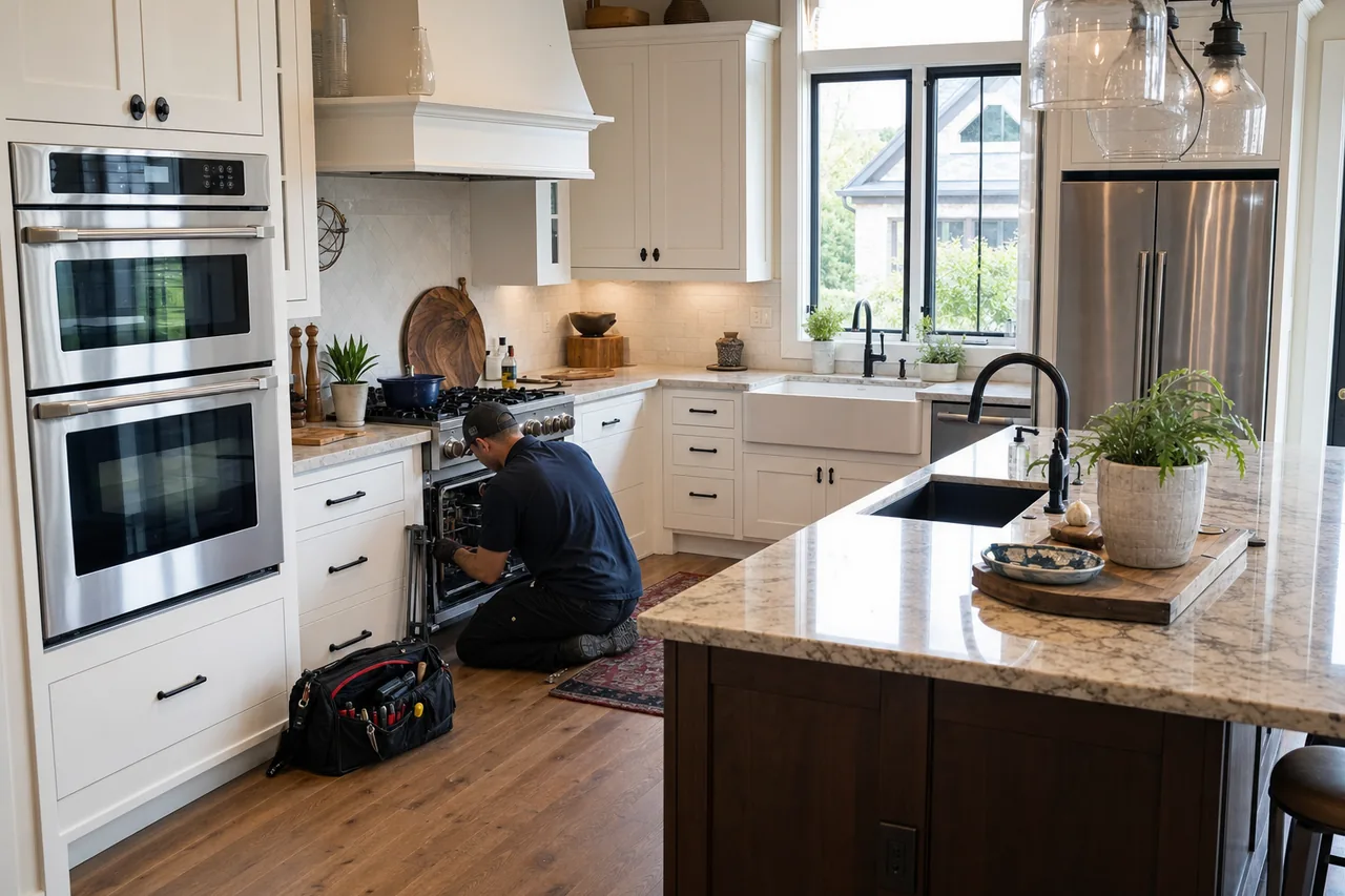 A luxury kitchen with built-in stainless appliances mid-repair