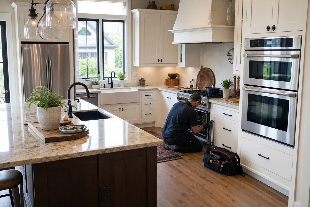 A luxury kitchen with built-in stainless appliances in a Mamaroneck kitchen